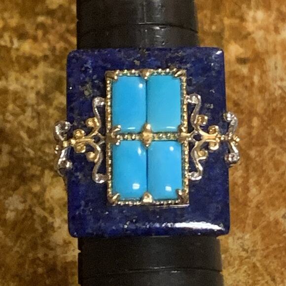 Gems En Vogue Ring Sz 9 Sterling Silver Two Tone, Lapis & Turquoise M. Valitutti - Picture 2 of 9